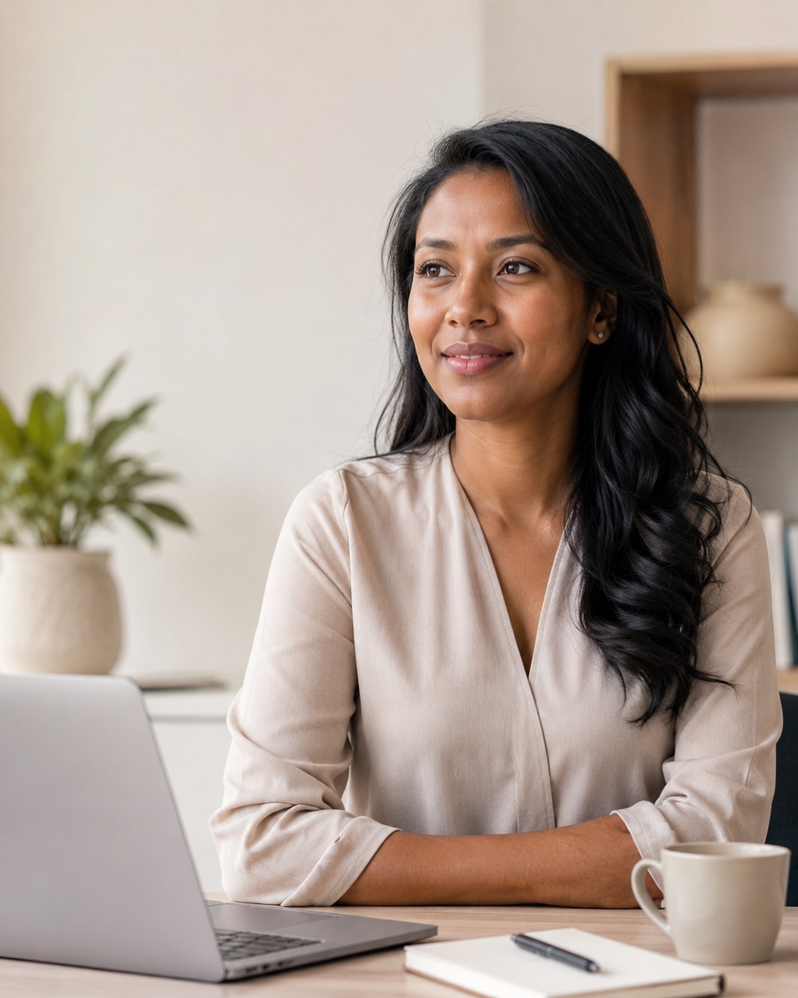 Assistante Monaa à son bureau, disponible et concentrée